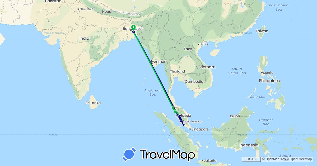 TravelMap itinerary: driving, bus in Bangladesh, Malaysia (Asia)
